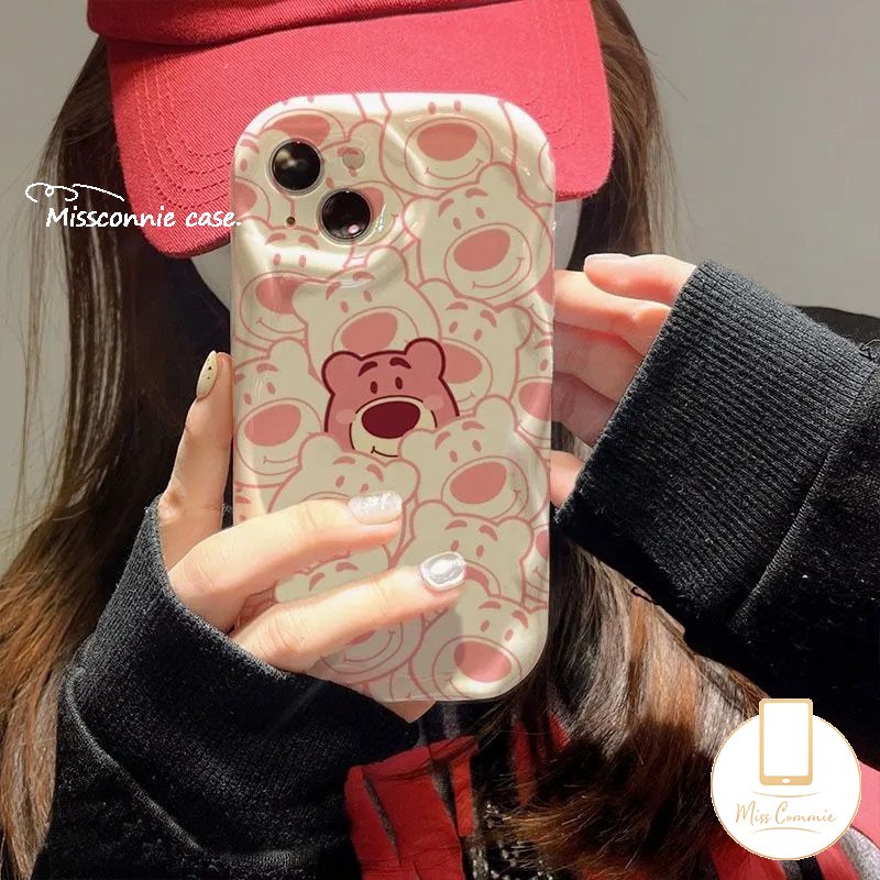 IPHONE Kartun Lovely Strawberry Bear Head Case Kompatibel Untuk Iphone14 11 12 13 Pro Max XR X 7 8 6s 6 Plus XS Max SE 2020 3D Wavy Curved Edge Glossy Shockproof Soft Cover