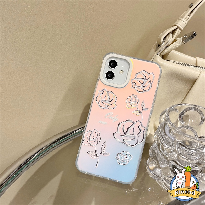 Casing iPhone Rasa Metalik Canggih Kompatibel Untuk Iphone14 13 12 11 Pro Max X Xr Xs Max8 7 Plus SE 2020 Laser Pelindung Layar Penuh Mawar Soft Case Bening Silikon Cover Pelindung