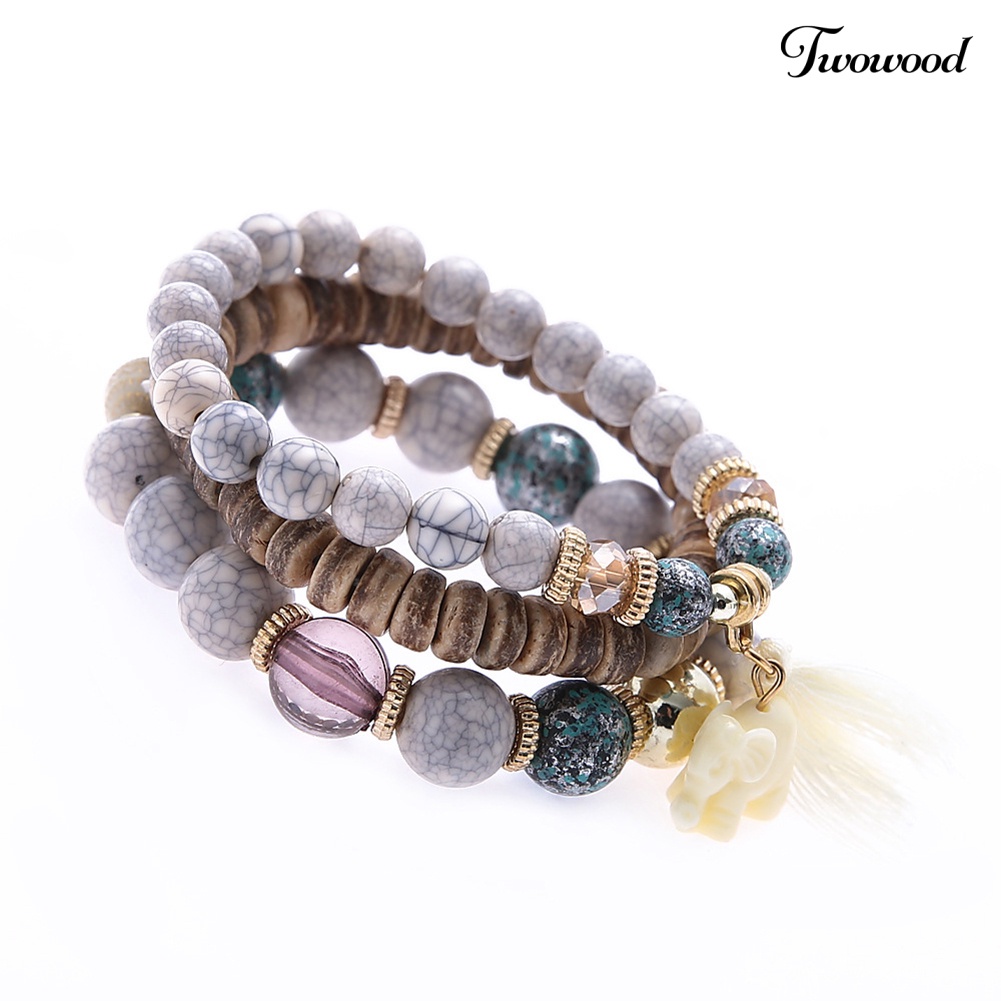 Twowood Etnik Wanita Gajah Rumbai Pesona Faux Turquoise Beads Multilayer Bracelet