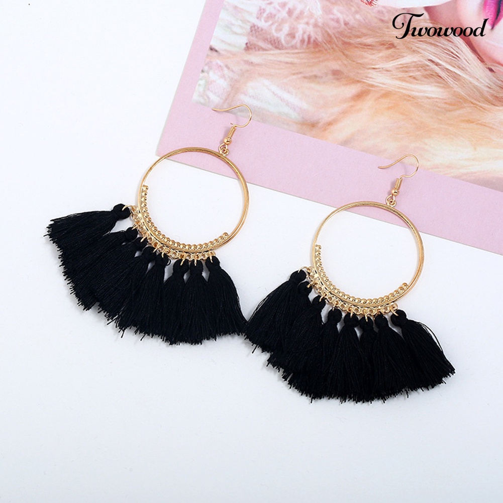 Twowood Bohemia Wanita Besar Cincin Drop Menjuntai Jumbai Anting Ear Hook Pesta Perhiasan Hadiah