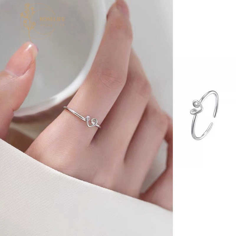 Roselife Minimalis s925 Perak Kecil Spiral Hati Terbuka Cincin Untuk Wanita Perempuan Elegan Garis Memutar Cinta Rings Adjustable Finger Cuff Perhiasan Hadiah