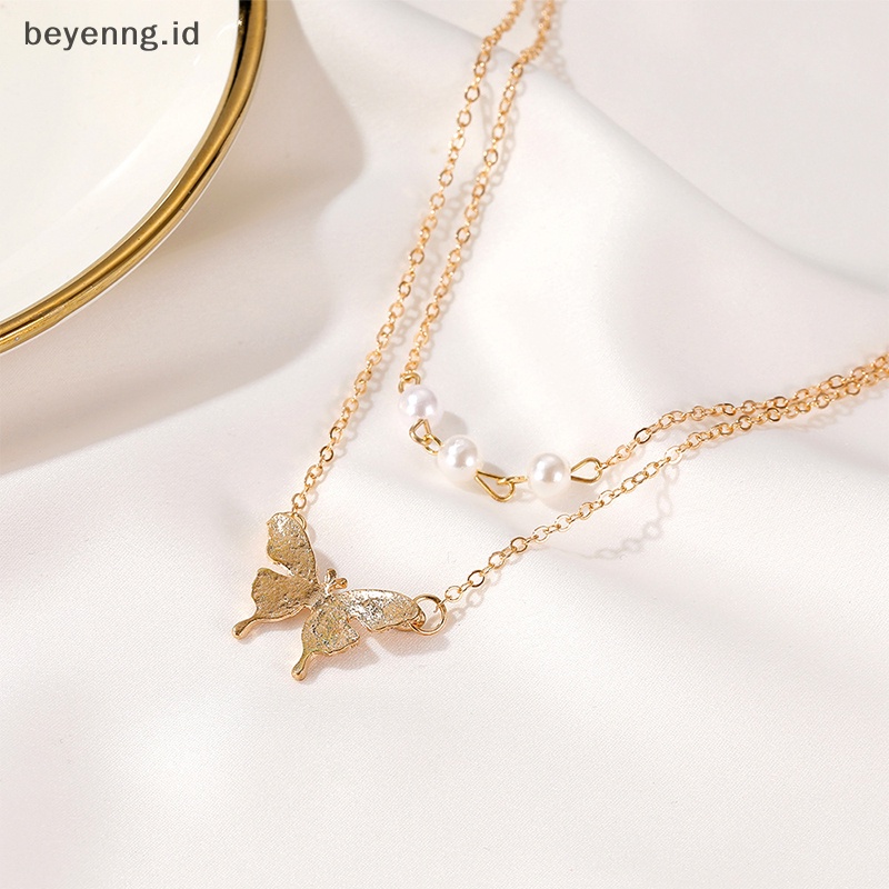 Beyen Fashion Kupu-Kupu Mutiara Liontin Kalung Klavikula Mutiara Rantai Berlapis Kalung ID