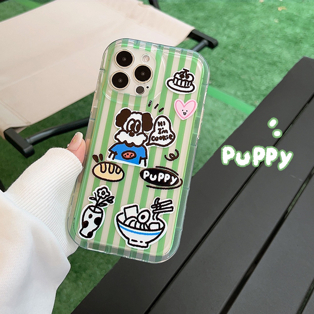 IPHONE Ins Garis Hijau Lucu Keren Anjing Kartun Silikon Case Untuk Iphone14 11 12 13 PRO MAX Casing Cover Pelindung AT0246