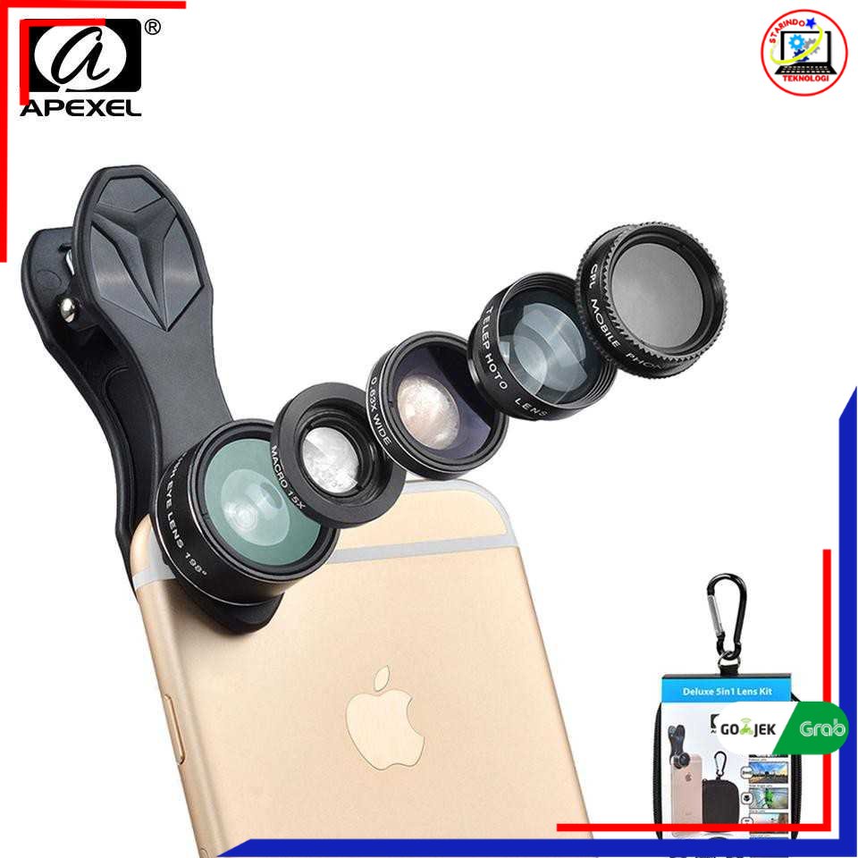 APEXEL 5 in 1 Lensa CPL Fisheye Macro Telephoto Wide Angle - APL-DG5H STARINDO