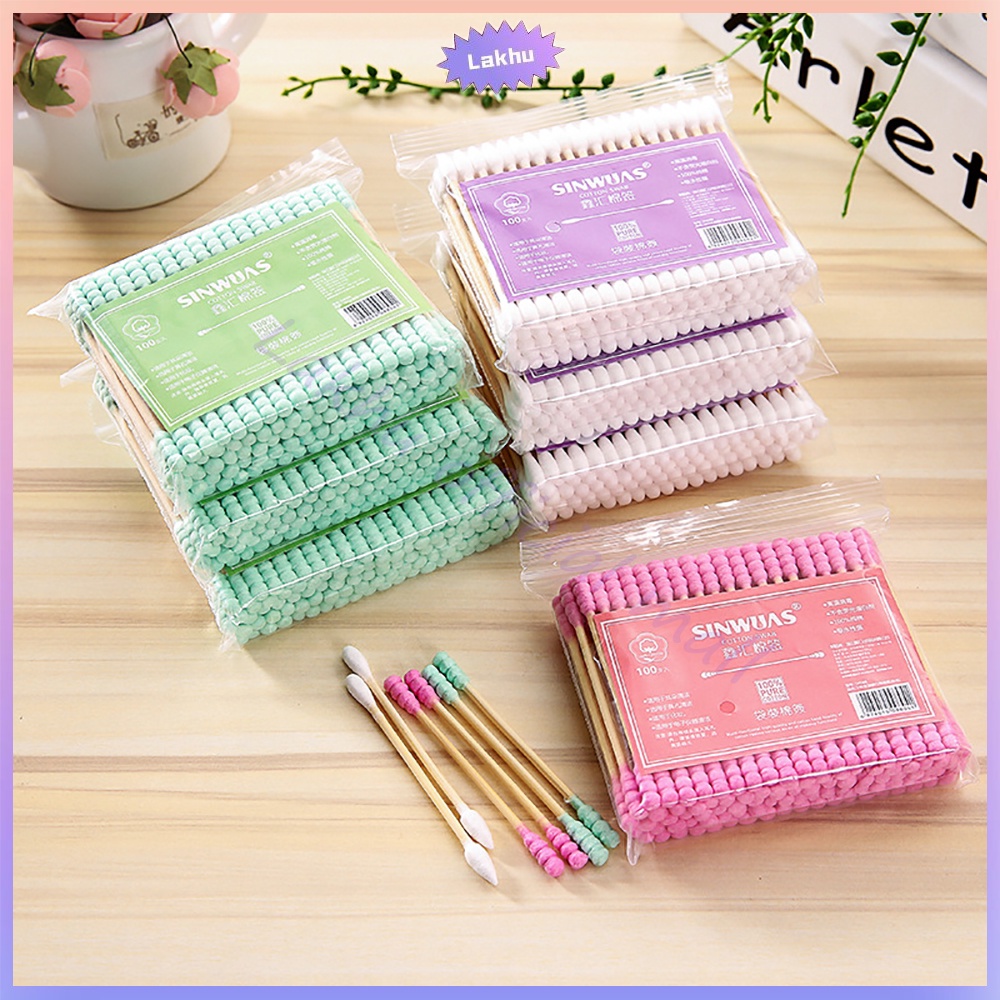 Lakhu 100pcs Cotton Swabs Pack Baby Thin Cotton Bud Ganda-Spiral Ujung Kapas Sanitary Cotton Swab