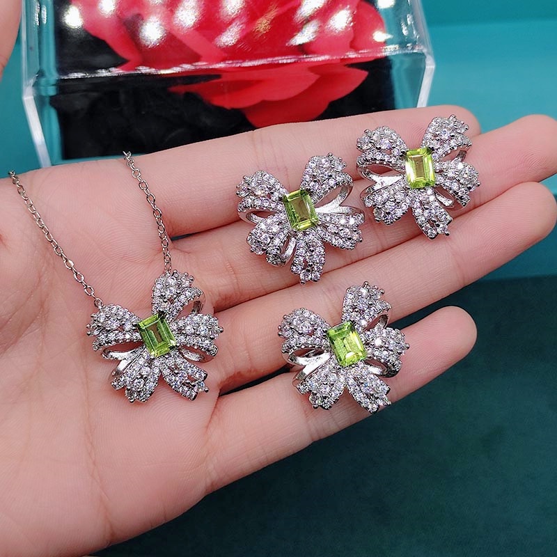 Goldkingdom Aksesoris Perhiasan Fashion Ready Stock, Kalung Busur Peri Super, Anting Stud Peridot, Cincin Harta Karun Warna Terbuka