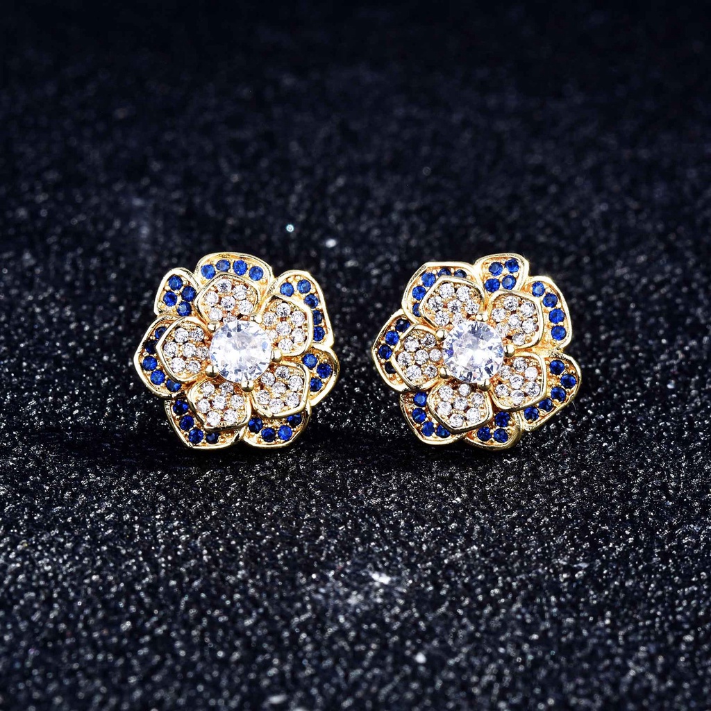 Goldkingdom Aksesoris Perhiasan Fashion Ready Stock Mikro-Hias Anting Jarum Perak Biru Multi-Lapis Anting Bunga Tiga Dimensi