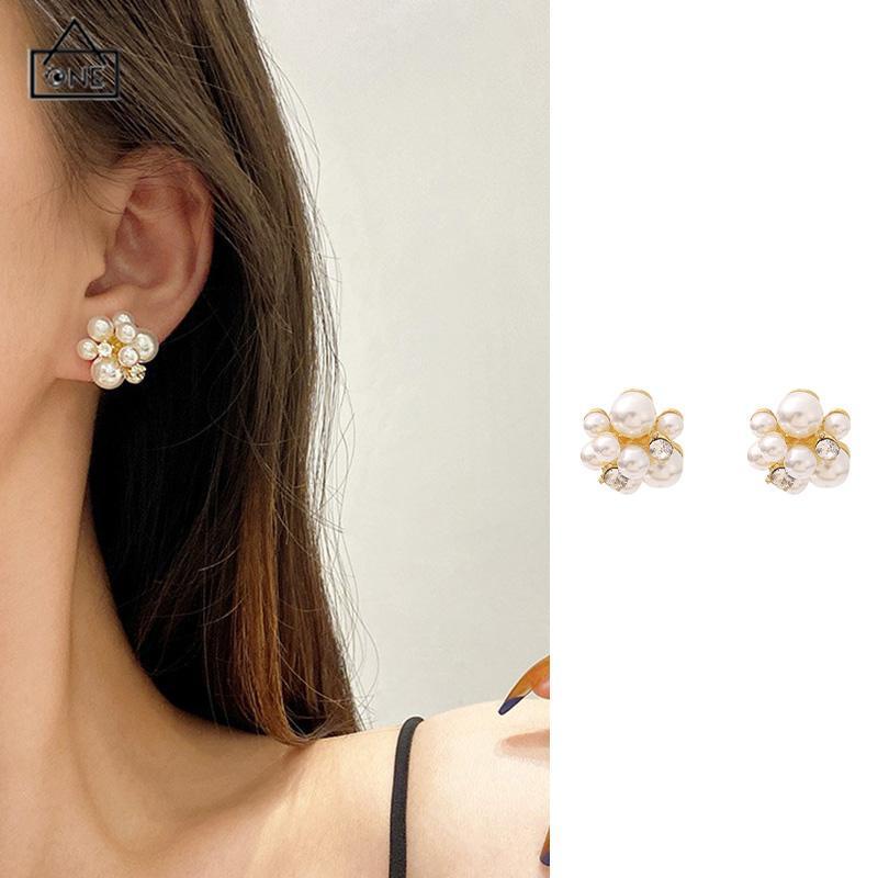 COD❤️Anting Mutiara Fashion Design Sense Berlian Imitasi  Anti Alergi Anting Perak-A.one