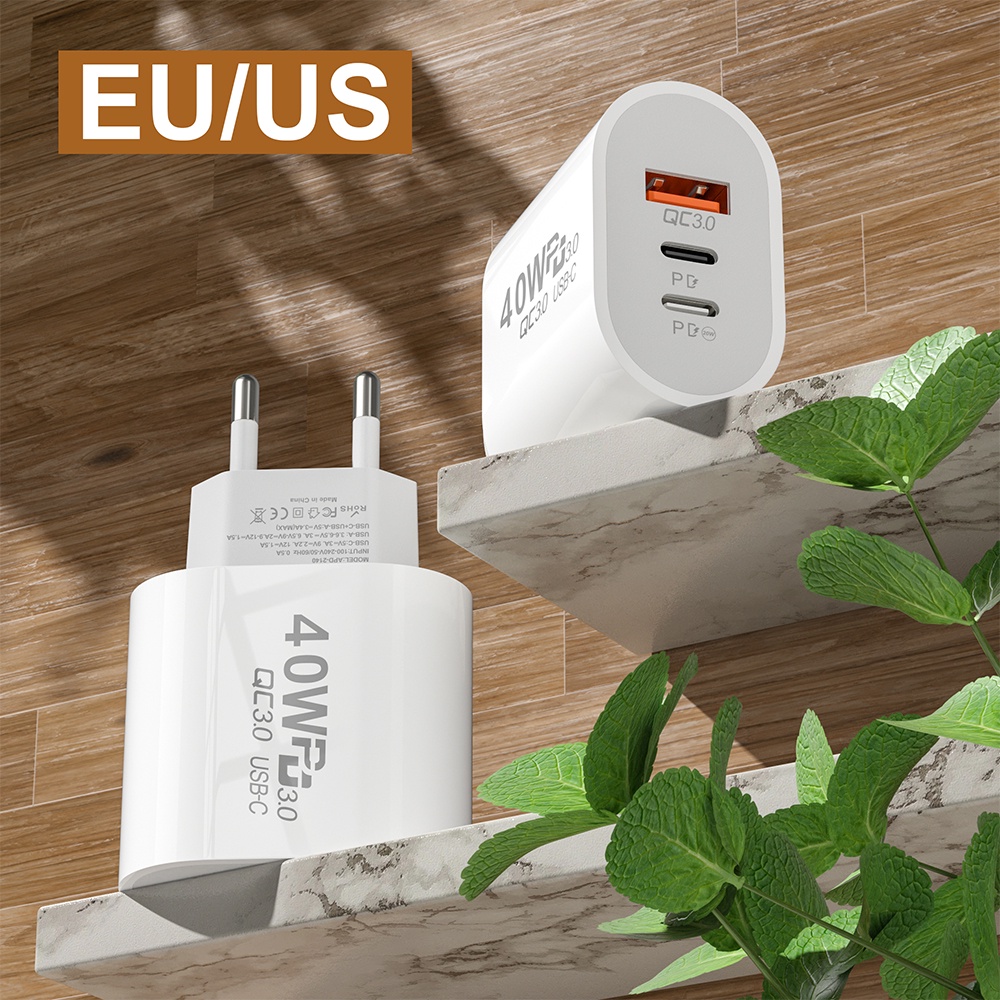 Dual PD 40W USB C Charger QC 3.0 Travel Charging Quick Charger Portable Wall Charger Adapter US &amp; EU Plug Charger Kepala Pengisian Cepat Dual-Port Tahan Lama