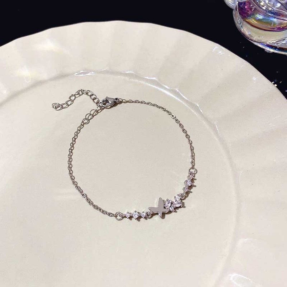 Gaya Sederhana Elegan Liontin Kupu-Kupu Zirkon Pesona Wanita Fashion Perhiasan Perak Titanium Steel Bangles Rantai Gelang
