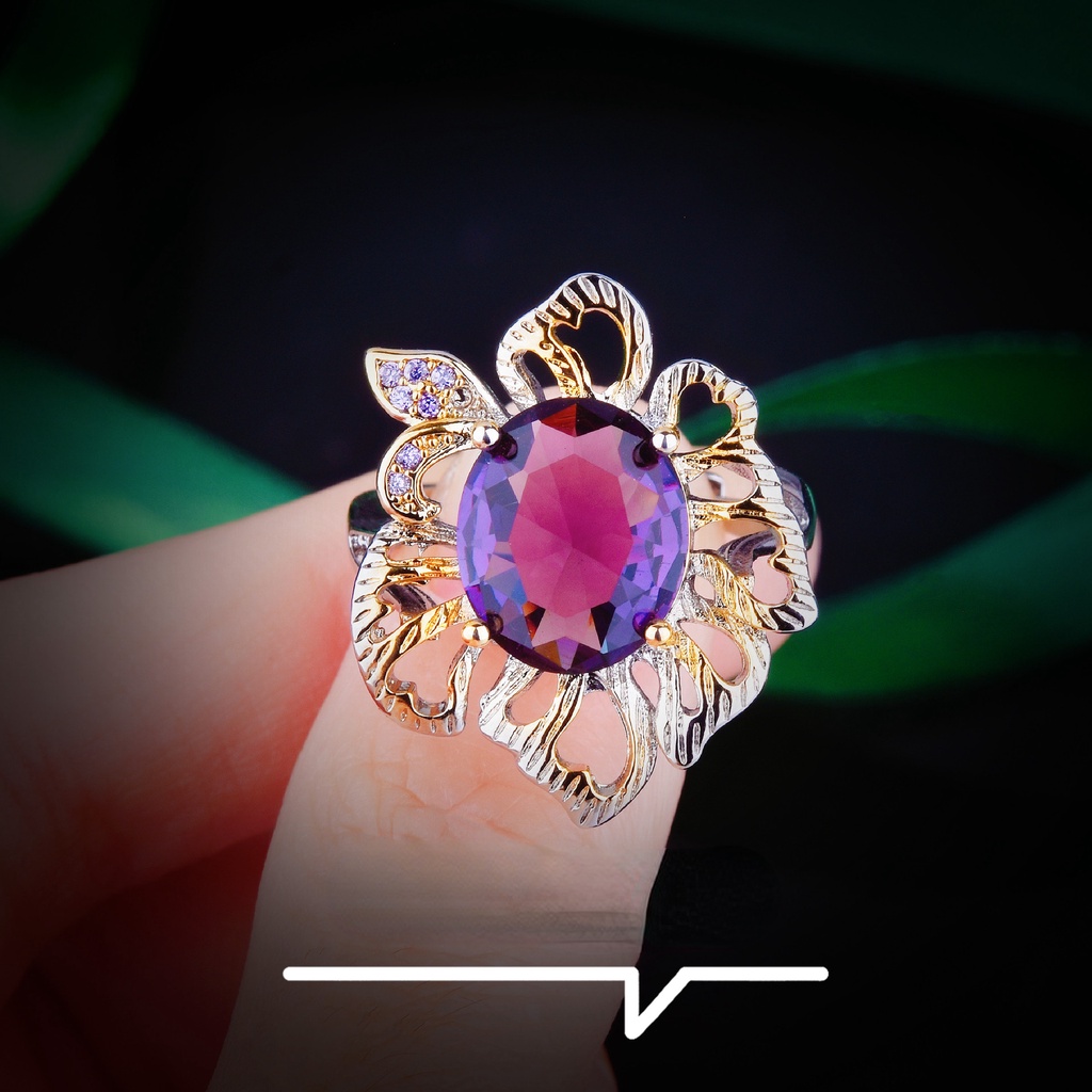 Goldkingdom Aksesoris Perhiasan Fashion Ready Stock Two-tone Kerajinan Emas Amethyst Cincin Kreatif Bunga Warna-Warni Harta Karun Pembukaan Cincin Wanita