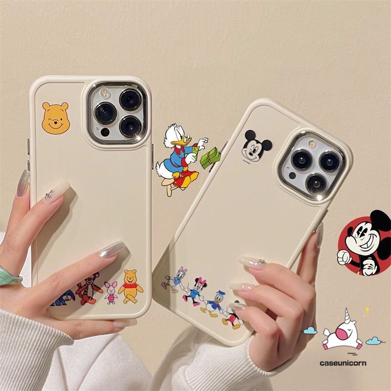 IPHONE Casing Frame Lensa Logam Plating Mewah Kompatibel Untuk Iphone14 11 12 13 Pro MAX X XR 7 8 Plus XS MAX Pasangan Caroon Lucu Disney Mickey Minnie Mouse Winnie The Pooh Bear Soft Cover