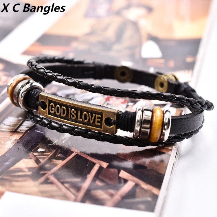 [X C Gelang] Baru Emas Itu Cinta Surat Gelang Kulit Hitam Vintage Hip Hop Punk Gelang Kulit Cuffles Manik-Manik Multilayer Zinc Alloy Anyaman Gelang