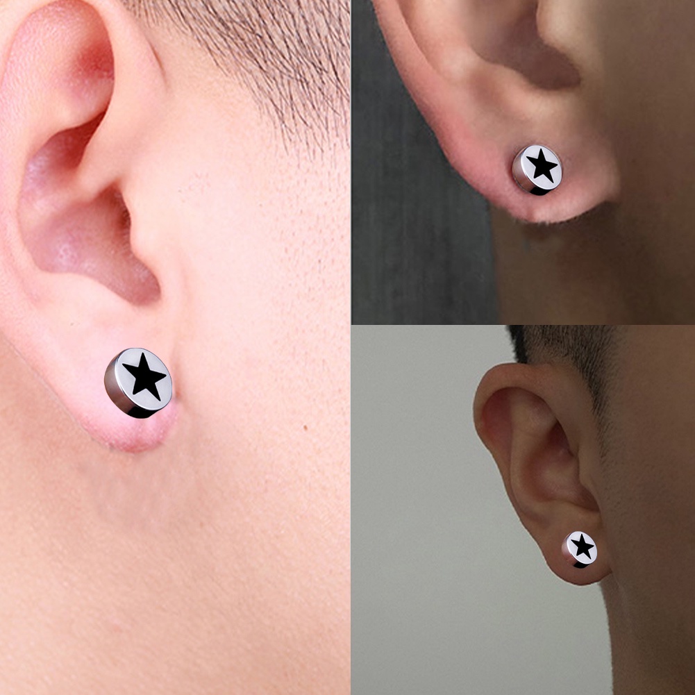 1pc Pria Barbel Punk Stainless Steel Ear Stud Keren Punk Bulat Hitam Anting Perhiasan Dengan Pola Bintang Grid