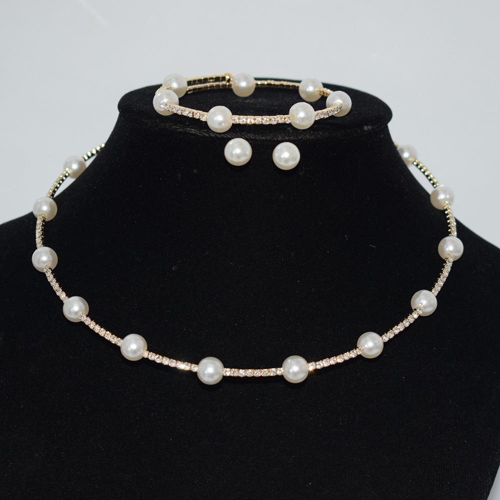 Minimalis 1 Drainase Berlian Zirkon Mutiara Kerah Gelang Telinga Stud Set Aksesoris Gaun Pengantin Wedding Collar Neckchain