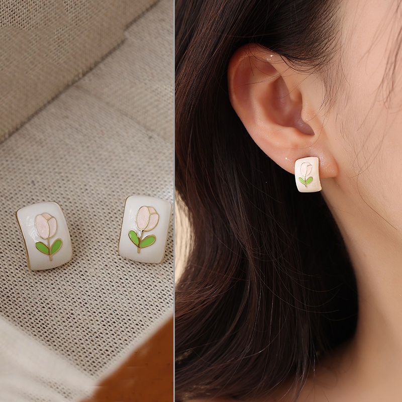 S925 Sterling Silver Tulip Peach Enamel Anting Giwang Telinga Untuk Gadis Manis Aksesori Korea