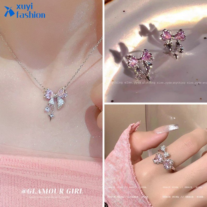 Y2k Bow Kalung Pink Kristal Kupu-Kupu Anting Perak Rings Untuk Wanita Fashion Perhiasan Aksesoris