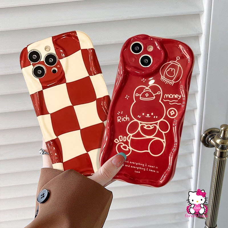 Casing Tepi Melengkung Bergelombang 3D Kompatibel Untuk IPhone XR XS X Max11 13 12 14 Pro Max 6 7 6s 8 Plus SE 2020 Checkerboard Kartun Merah Hajatan Tahun Baru Kelinci Lucu Soft Cover