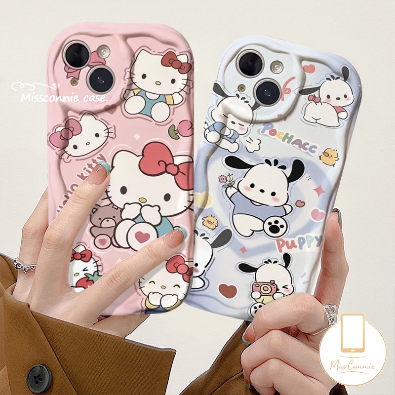 Kartun Pochacco Puppy Cute Hello Kitty Couple Case Untuk Realme C33 C21Y C21 C53 C55 C15 C25s C25Y C20 C35 C25 5s 9i 5 7i 5i 6i C3 C30 C31 C11 C20A C12 3D Tepi Bergelombang Melengkung Soft Case