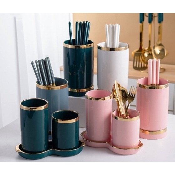 Set Tempat Sendok Keramik dengan 2 Tabung List Gold Berbagai Warna / Tempat Sendok Aestetik / Tempat