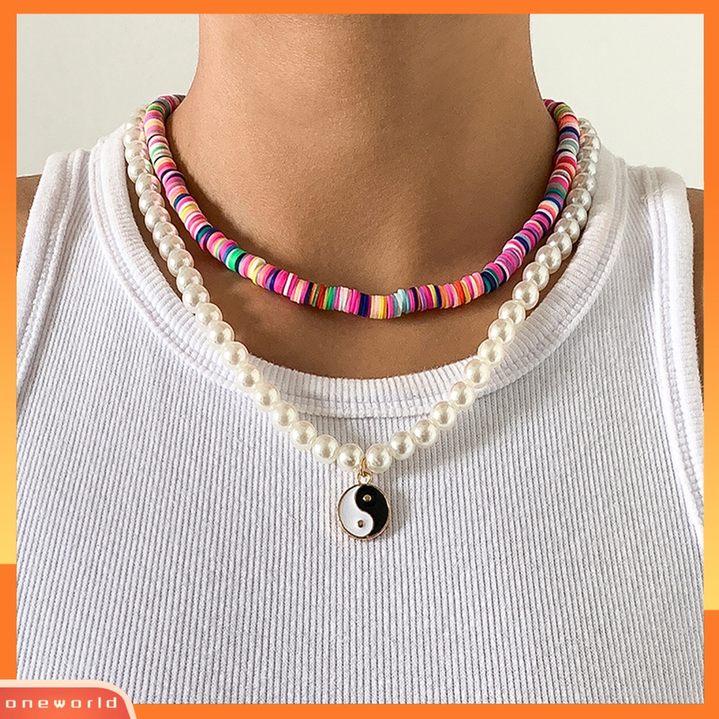 [ONE] 2pcs Wanita Kalung Manik-Manik Warna-Warni Motif Tai Chi Liontin Perhiasan Vintage Chokers Adjustable Untuk Pesta