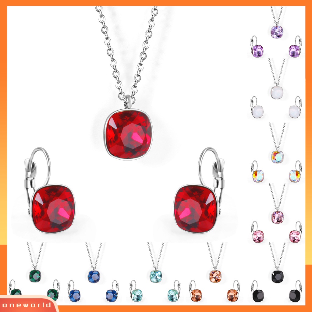 [ONE] 1set Wanita Anting Kristal Imitasi High Gloss Geometris Temperamen Menawan Dekorasi Cahaya Yang Indah Mewah Square Pendant Kalung Wanita Aksesori