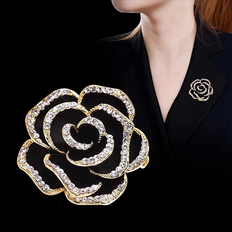 {rippleflower4.id} Fashion Berlian Imitasi Camellia Bunga Enamel Bros Perempuan Kerah Perhiasan Pesta Mantel Pin Hadiah~