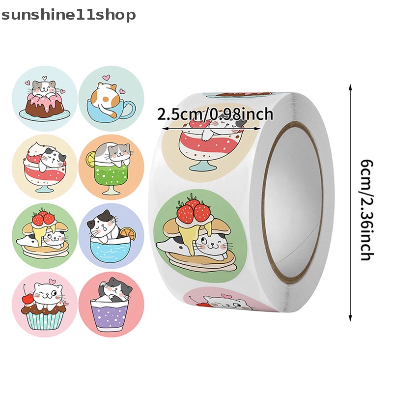 Sho 500pcs Stiker Kartun Kucing Label Perekat Bulat Untuk Anak Anak Hadiah Guru Bungkus Kado Bisnis Stiker Hias N