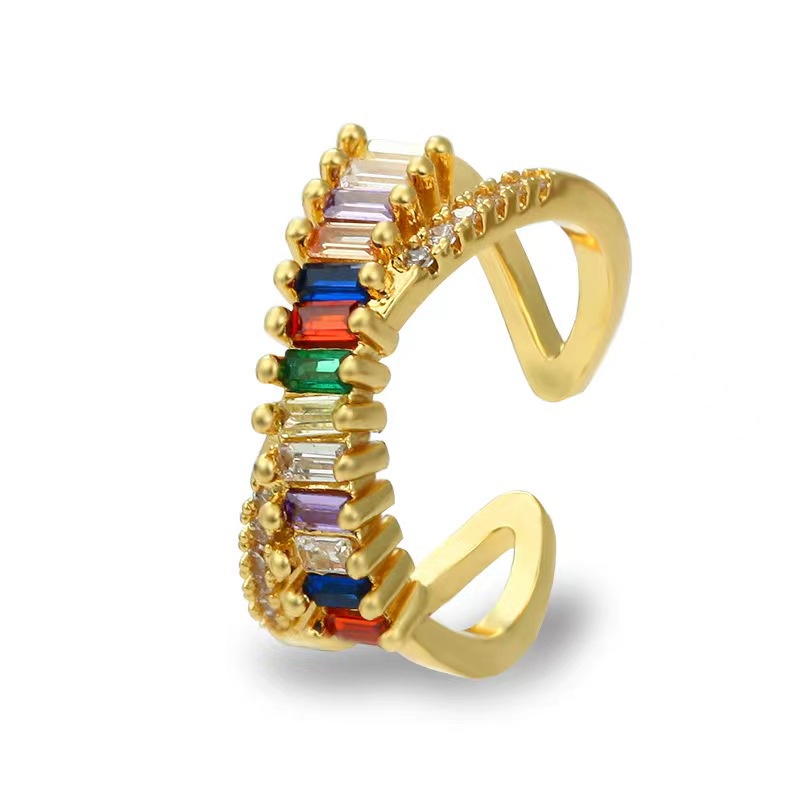 Cahaya Mewah High-End Warna-Warni Zirkon Cincin Silang Perempuan Unik All-Match Gaya Eropa Amerika Terbuka Indeks Fing