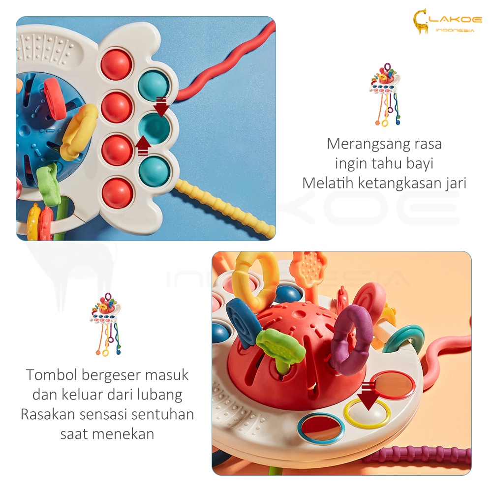 LAKOE Mainan Gigitan Bayi 4 in 1Pop It Teether Bayi Tarik Panjang Mainan Gigitan/Mainan Edukasi Bayi  Bahan Silikon bpa free