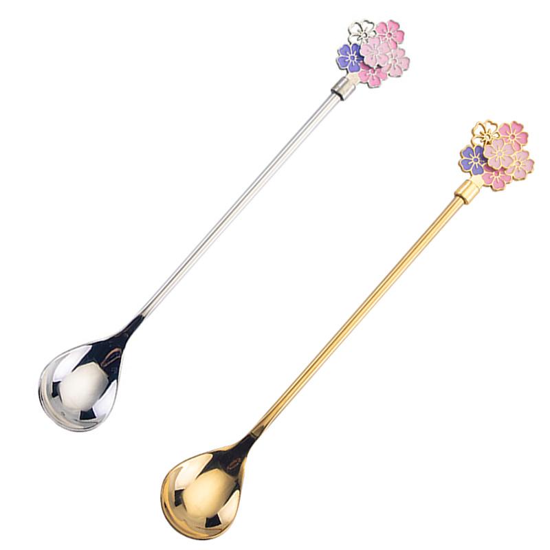 Spoon Stainless Steel Sendok Bundar Kecil Pegangan Bunga Sakura Sendok Pencampur Peralatan Makan Cherry Blossom Sendok Teh Dekorasi Rumah Aksesoris Dapur