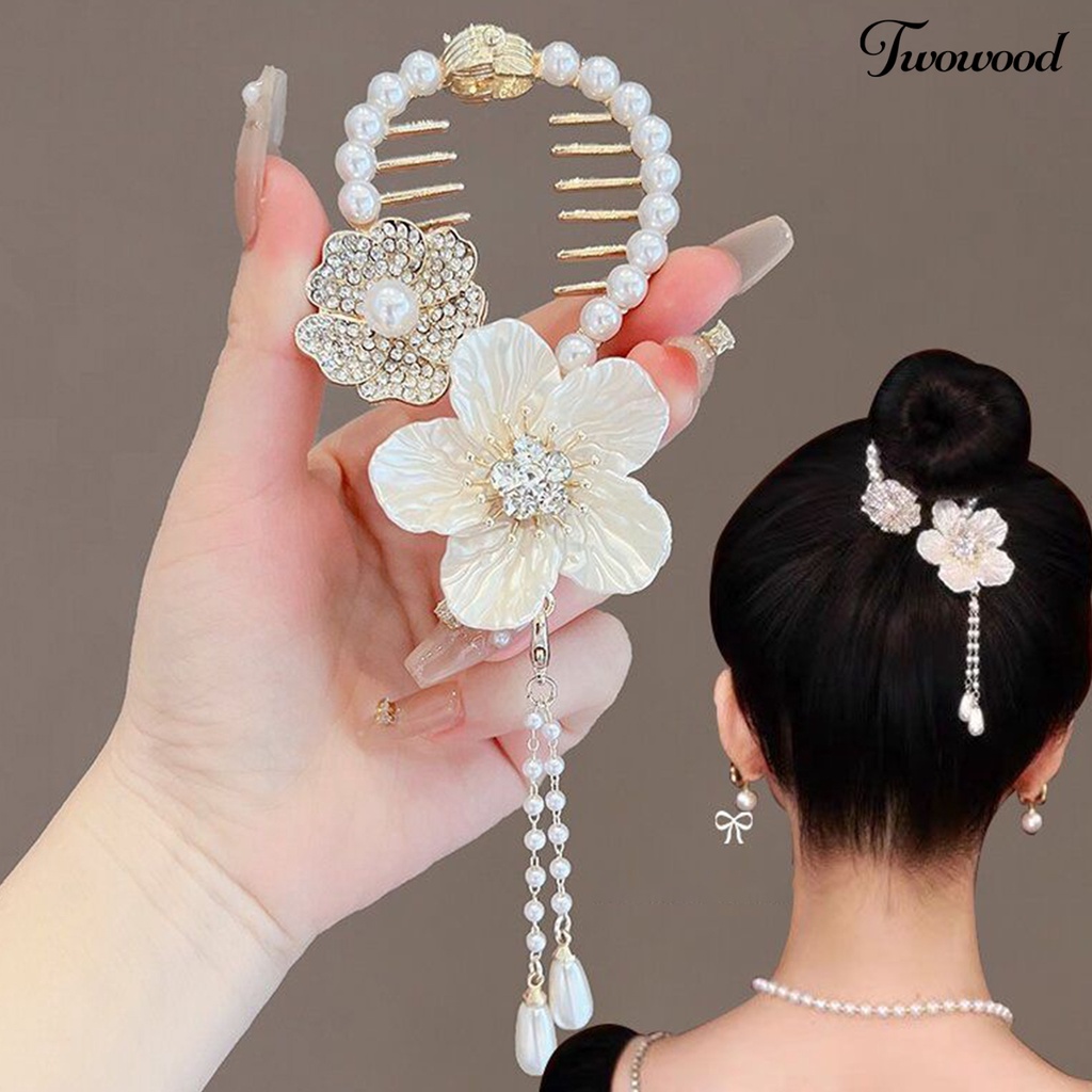 Twowood Lady Ponytail Claw Flower Panjang Rumbai Camelia Mutiara Imitasi Mengkilap Berlian Imitasi Hiasan Rambut Dengan Gigi Anti Putus Anti-slip Klip Rambut Aksesoris Rambut