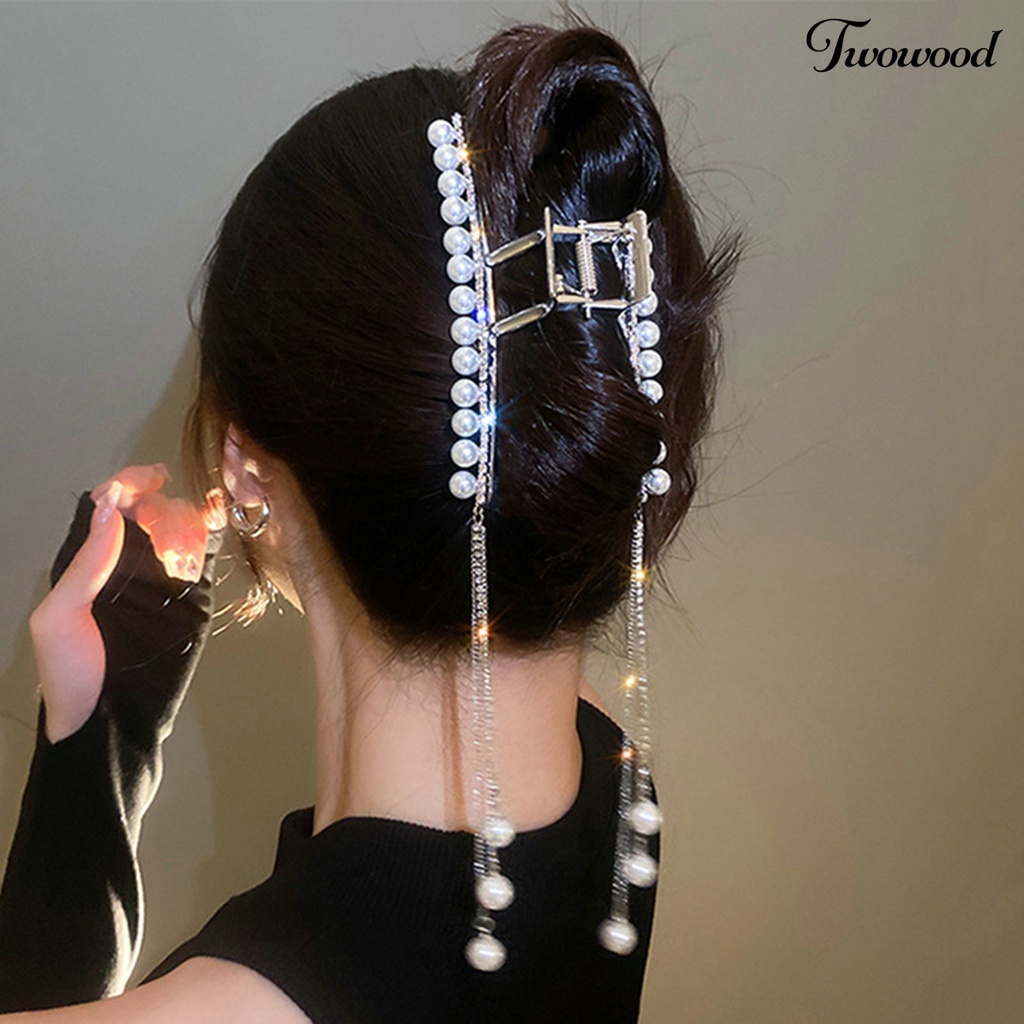 Twowood Hair Claw Clip Desain Mutiara Imitasi Berkilau Mempesona Efek Visual Non-Slip Dengan Rumbai Dress-up Semua Cocok Berlian Imitasi Penjepit Rambut Wanita Hiasan Kepala Dekorasi Untuk Wanita