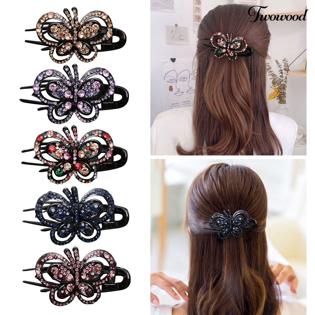 Twowood Berlian Imitasi Kupu-Kupu Rambut Klip 3cakar Mewah Elegan Gaya Rambut Dekorasi Non-slip Wanita Bebek Billed Clamp Fashion Aksesoris Rambut