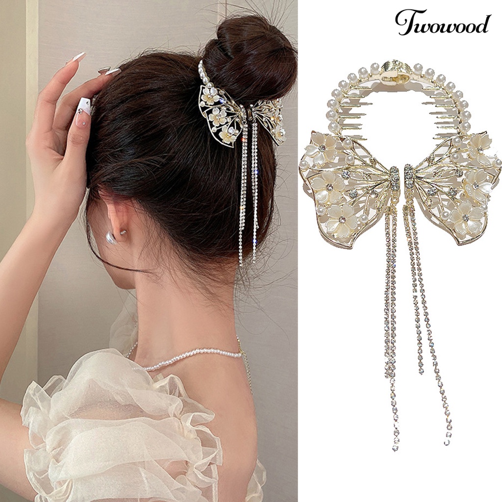 Twowood Faux Pearls Rhinestones Bunga Dekorasi Bakso Rambut Klip Rumbai Sisir Desain Besar Kupu-Kupu Dekorasi Ponytail Hairpin Aksesoris Rambut