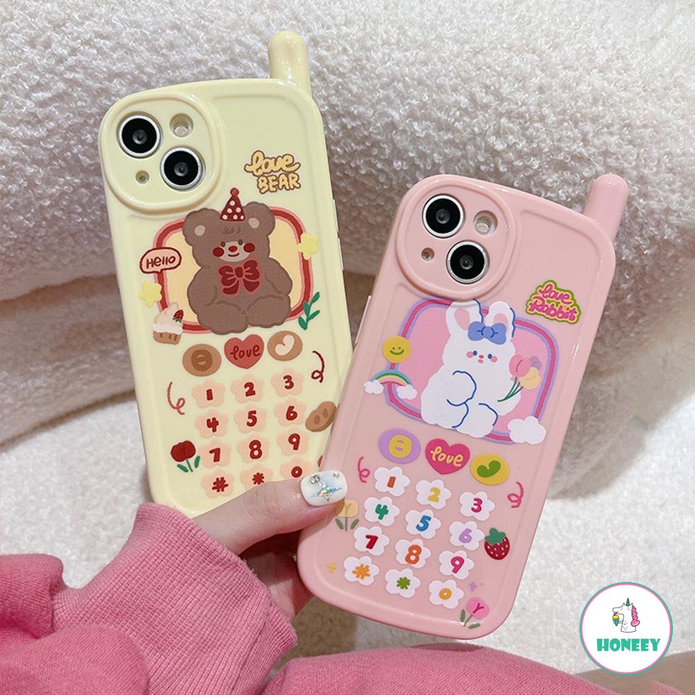 Retro Kreatif Telepon Beruang Lucu Bunny Case Untuk iPhone 14 Pro 12 11 13 14 Pro Max XS XR 3D Telepon Anime Graffiti Pink Cover