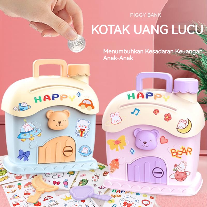 【 Stiker Gratis】Celengan Bentuk Rumah Dengan Kunci Ukuran Besar Untuk Hadiah Ulang Tahun Anak