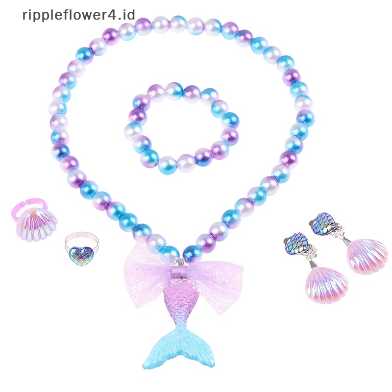 {rippleflower4.id} 1set Bayi Perempuan Manik-Manik Kalung Set Mermaid Ekor Liontin Anak Kids Adjustable Indah Kalung Pesona Perhiasan Hadiah~