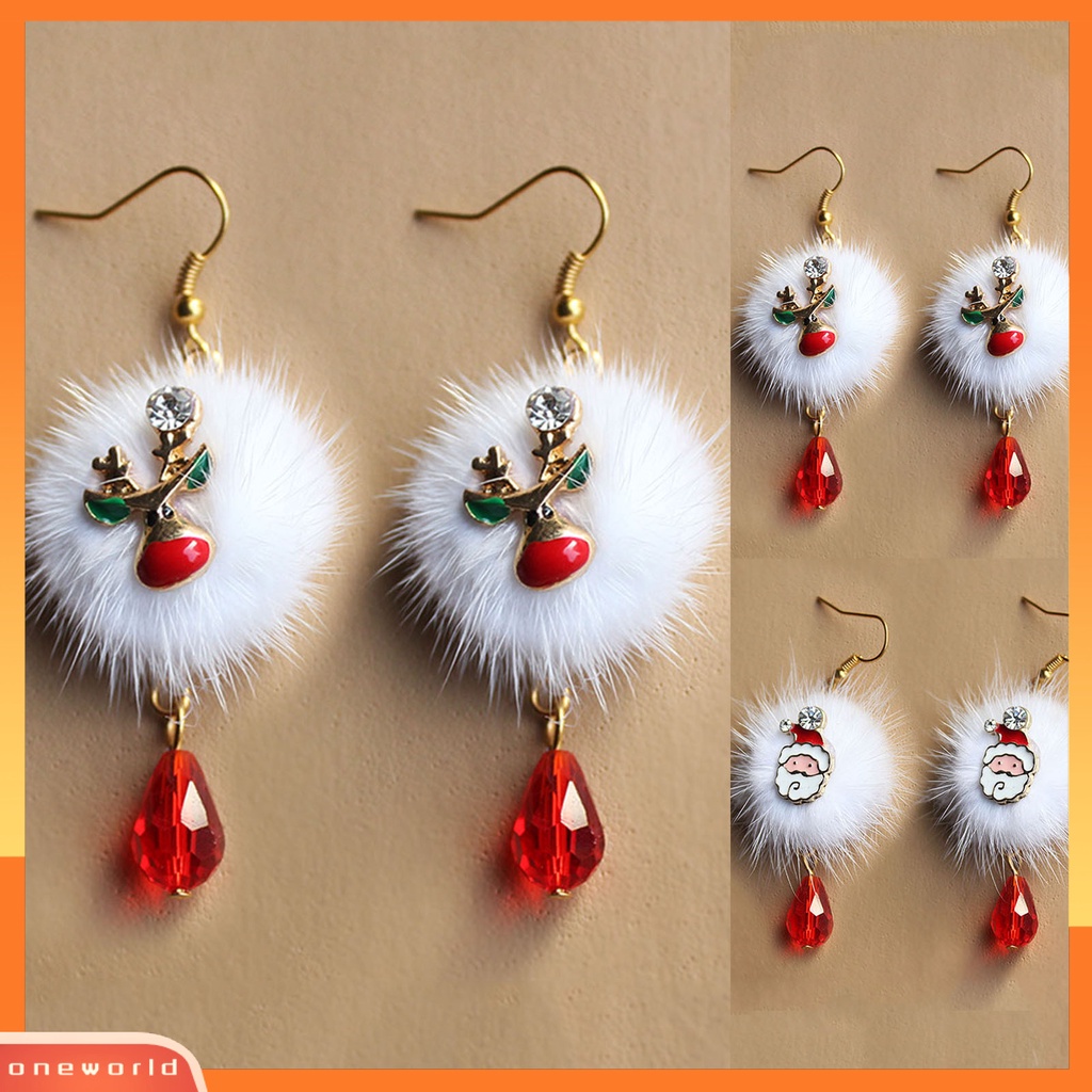 [WOD] 1pasang Putih Mewah Bola Merah Berlian Imitasi Xmas Anting Alloy Santa Claus Elk Pendant Hook Earrings Fashion Perhiasan