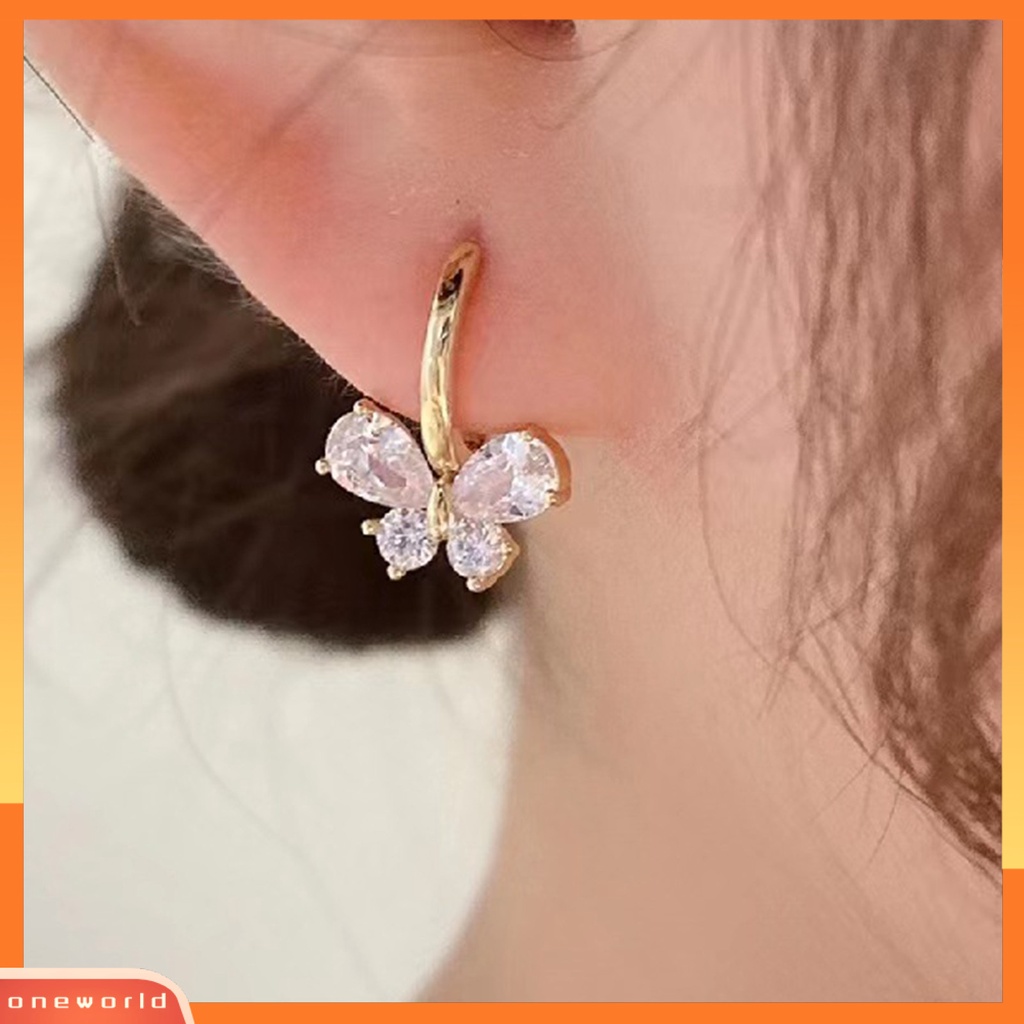 [WOD] 1pasang Anting Hoop Shiny Cubic Zirconia Temperamen Geometris Electroplating Hias Hadiah Wanita Kupu-Kupu Liontin Anting Perhiasan Fashion Untuk Perjamuan