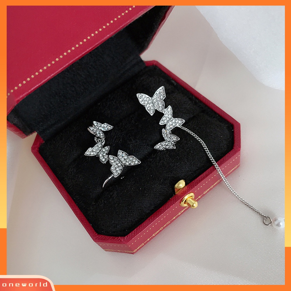 [WOD] Fashion Wanita 3-Butterfly Berlian Imitasi Asimetris Menjuntai Stud Earrings Jewelry