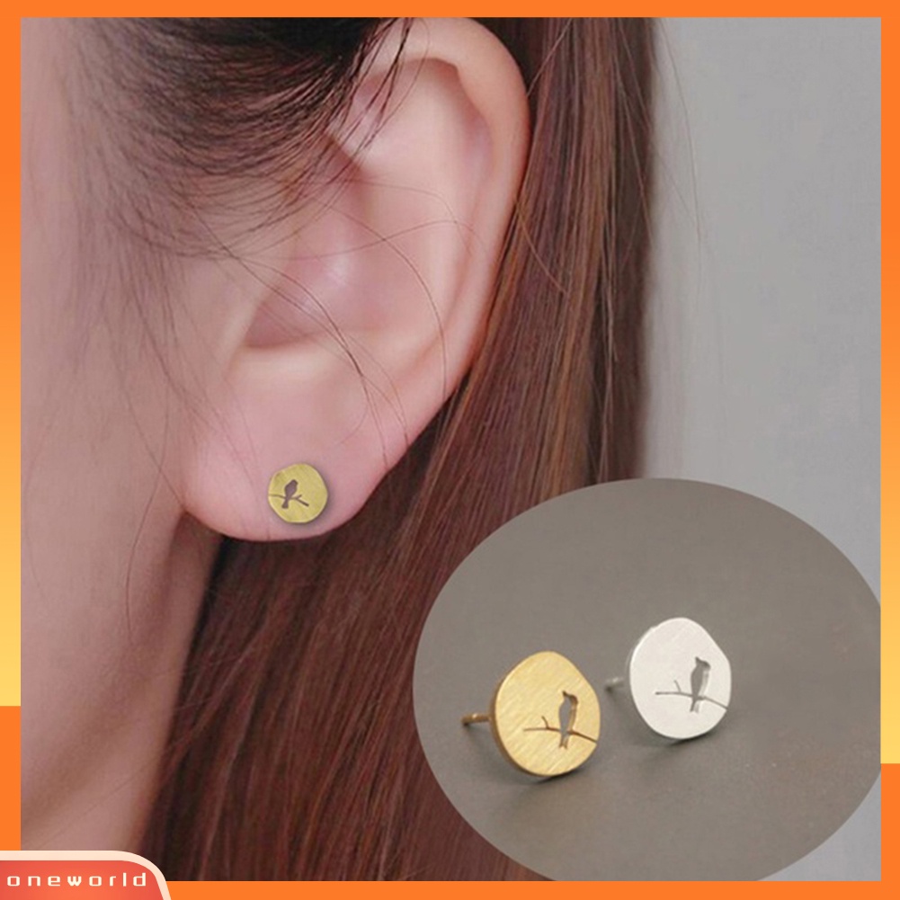 [WOD] Vintage Berongga Burung Pohon Cabang Plating Telinga Stud Anting Wanita Perhiasan Hadiah