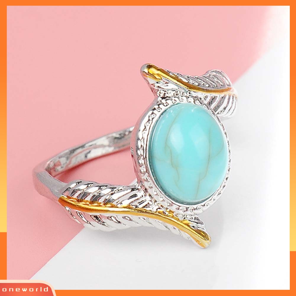 [WOD] Vintage Two Tone Twist Leaf Faux Turquoise Cincin Wanita Pernikahan Pertunangan Perhiasan