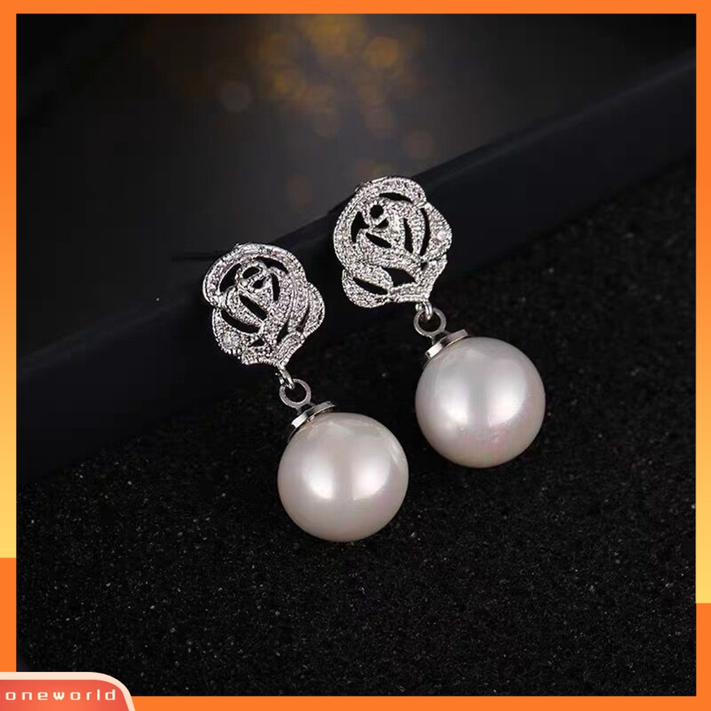 [WOD] Wanita Ear Studs Indah Nyaman Dipakai Alloy Round Stud Putih Imitasi Mutiara Mawar Anting Pakaian Sehari-Hari