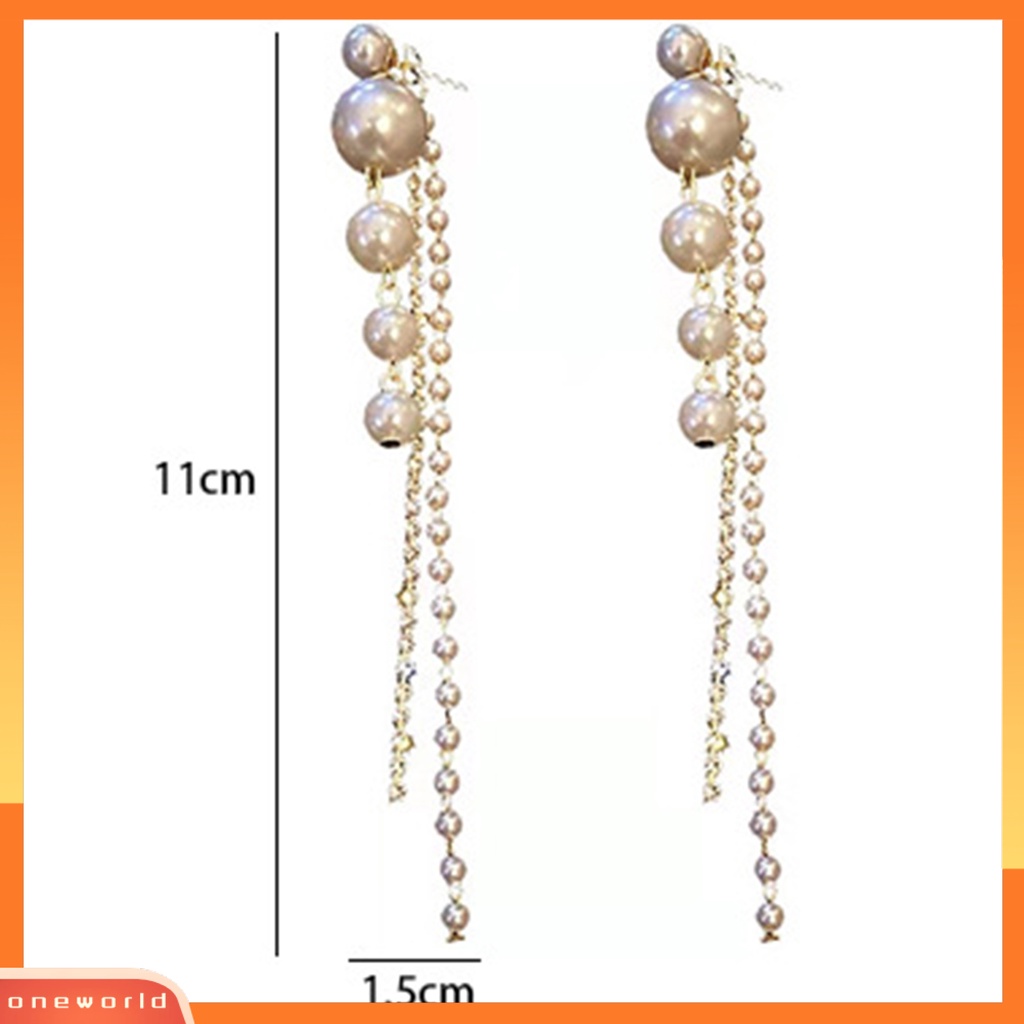 [WOD] 1pasang Anting Perjamuan Linear Mutiara Imitasi Permukaan Halus Berlian Imitasi Mengkilap Rumbai Panjang Colorfast Prom Earrings Aksesori Pengantin