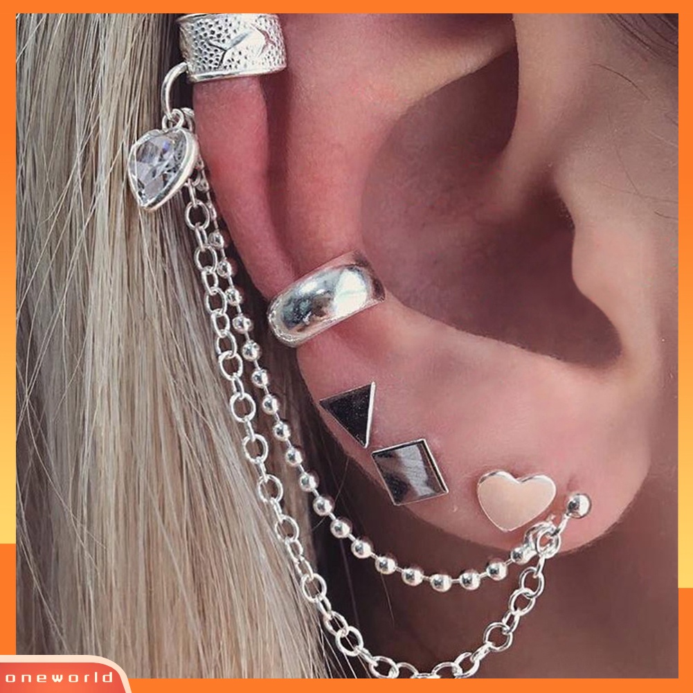 [WOD] 5pcs/set Punk Keren Klip Telinga Rantai Ear Stud Geometris Segitiga Jantung Anting