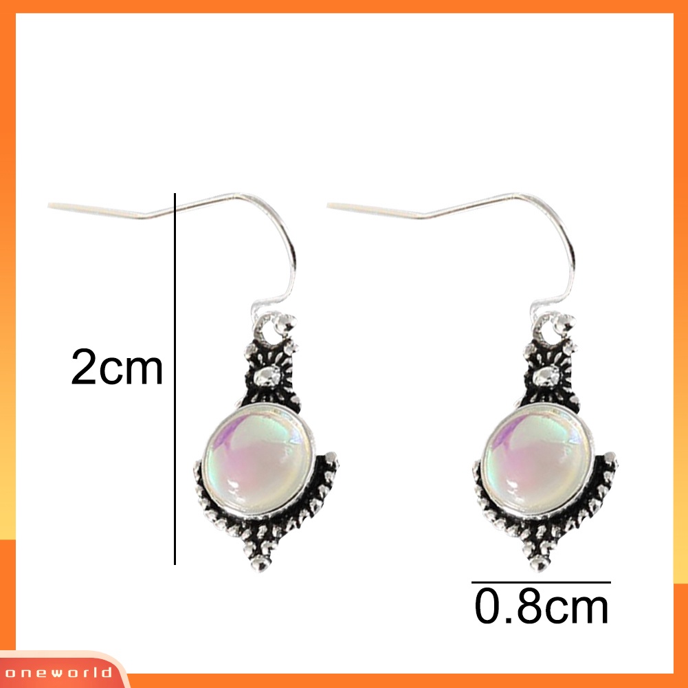 [WOD] Vintage Wanita Warna Pelangi Faux Moonstone Gemstone Menjuntai Kait Anting Perhiasan