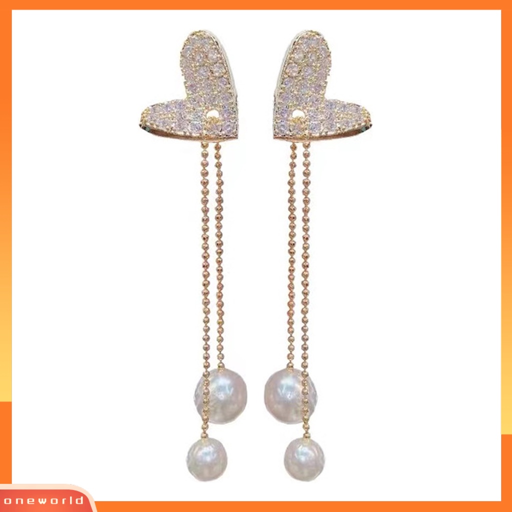 [WOD] Wanita Anting Linier Elegan Berlian Imitasi Mengkilap Bertatahkan Rumbai Panjang Bentuk Hati Drop Earrings Prom Earrings