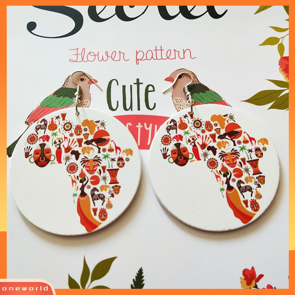 [WOD] Warna-warni Wanita Kayu Peta Afrika Kait Anting Bulat Liontin Perhiasan Pesona