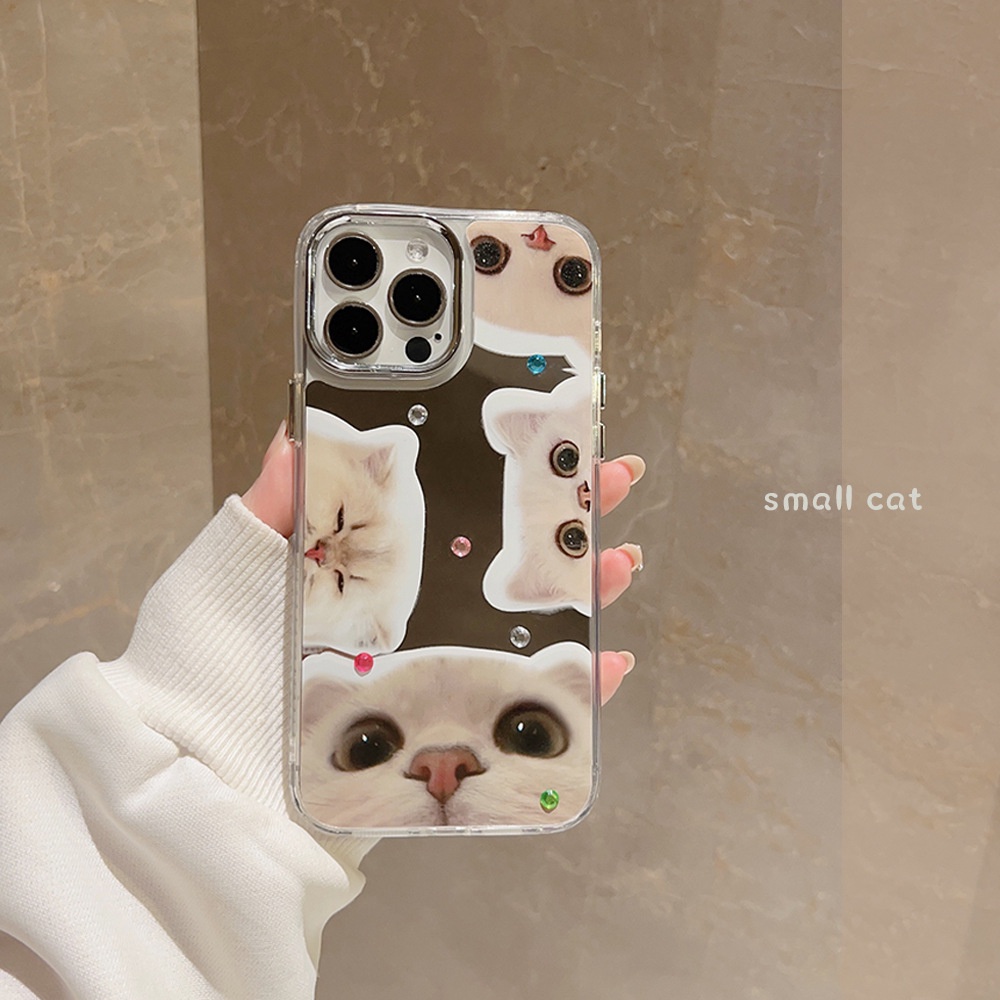Kucing Hewan Peliharaan Lucu Menonton Anda Ponsel Cermin Makeup Case Electroplated Camera Frame Cover Dengan Berlian Imitasi Stiker Untuk Iphone/11 12 13 14 PRO MAX